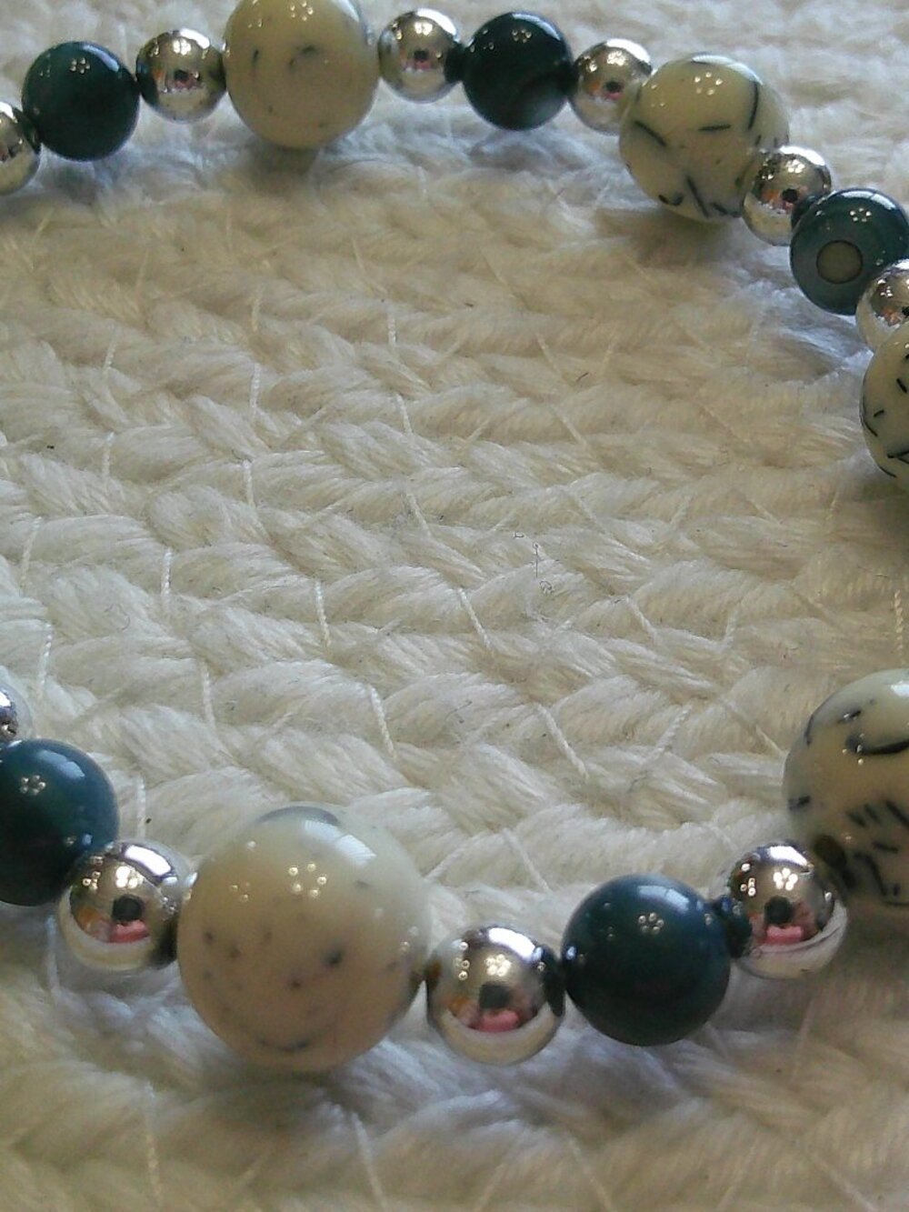 Fun CREAM with SPECKS & DENIM Acrylic Beads Handmade Silver Bracelet #106F